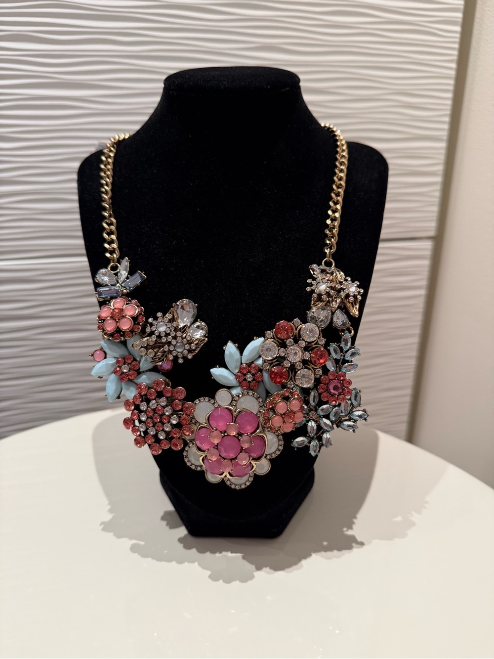 Gold-Tone Floral Statement Necklace in Pink, Coral & Light Blue